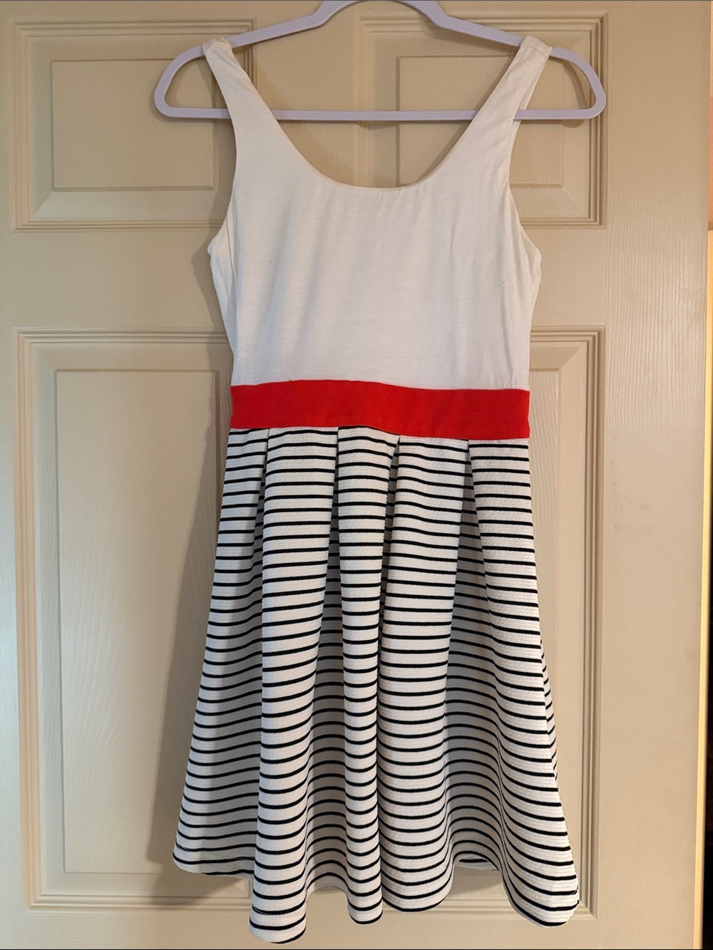 Double Zero White Tank Dress with Black Stripes and Red Waistband